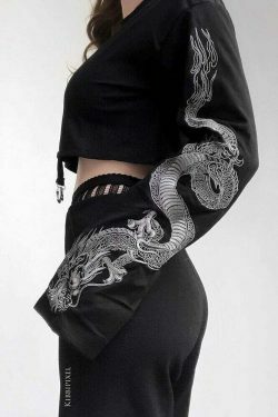 Dragon Pattern Long Sleeve Sweatshirt - Y2K Aesthetic Top for Women with Coquette & Grunge Style