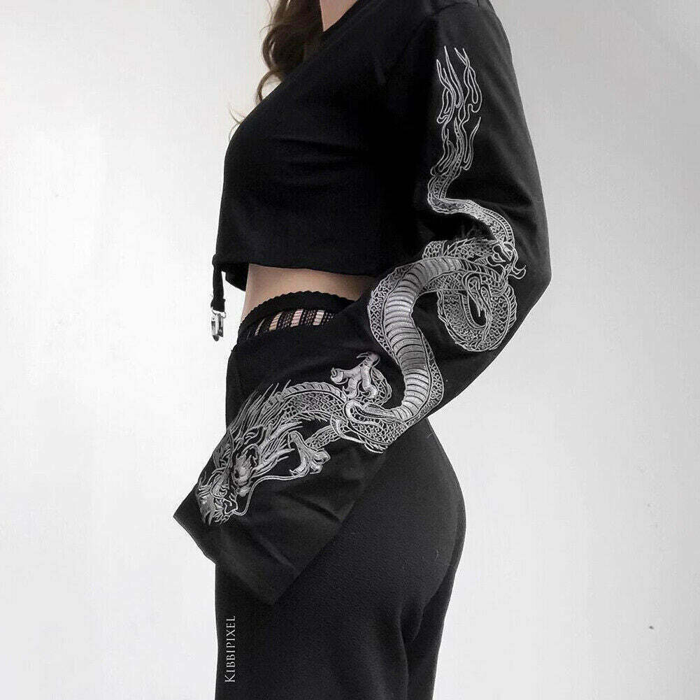 Dragon Pattern Long Sleeve Sweatshirt - Y2K Aesthetic Top for Women with Coquette & Grunge Style
