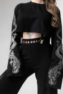 Dragon Pattern Long Sleeve Sweatshirt - Y2K Aesthetic Top for Women with Coquette & Grunge Style