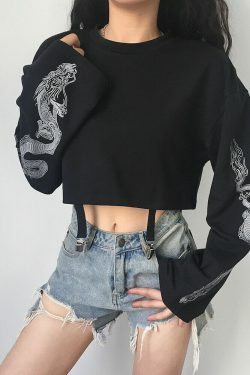 Dragon Pattern Long Sleeve Sweatshirt - Y2K Aesthetic Top for Women with Coquette & Grunge Style