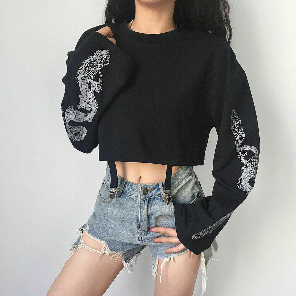 Dragon Pattern Long Sleeve Sweatshirt - Y2K Aesthetic Top for Women with Coquette & Grunge Style