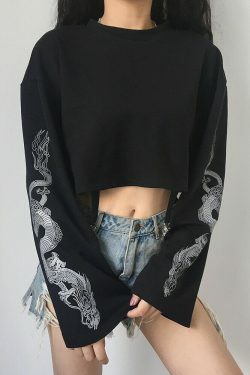 Dragon Pattern Long Sleeve Sweatshirt - Y2K Aesthetic Top for Women with Coquette & Grunge Style
