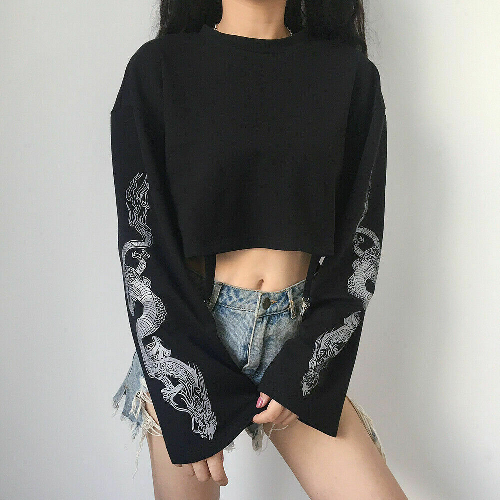 Dragon Pattern Long Sleeve Sweatshirt - Y2K Aesthetic Top for Women with Coquette & Grunge Style