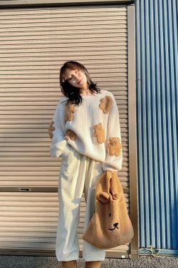 Dusty Bear Knit Pullover - Y2K Aesthetic with Grunge & Coquette Style