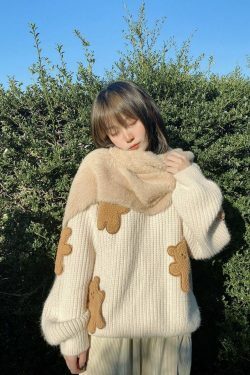 Dusty Bear Knit Pullover - Y2K Aesthetic with Grunge & Coquette Style