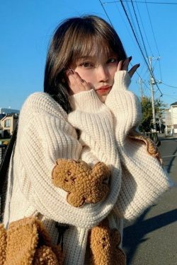 Dusty Bear Knit Pullover - Y2K Aesthetic with Grunge & Coquette Style