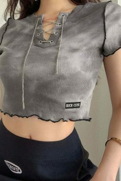 Edgy Aesthetic Gray Crop Top - Y2K Fashion, Coquette & Grunge Style, Cute Tops