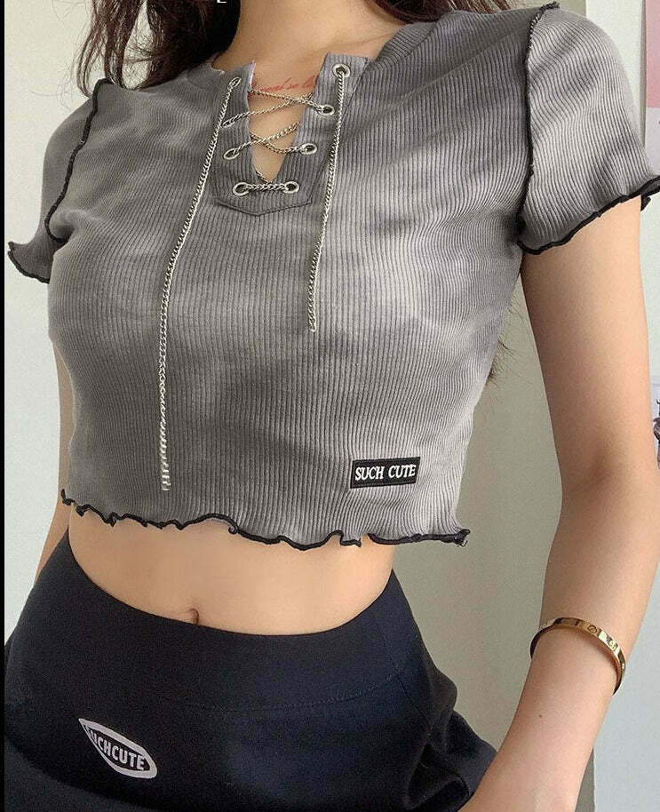 Edgy Aesthetic Gray Crop Top - Y2K Fashion, Coquette & Grunge Style, Cute Tops