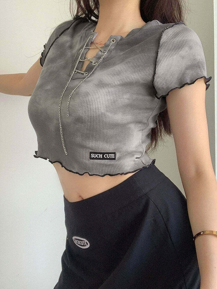 Edgy Aesthetic Gray Crop Top - Y2K Fashion, Coquette & Grunge Style, Cute Tops