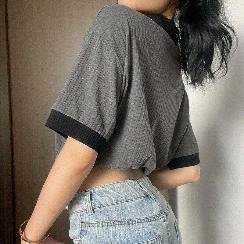 Egirl Safety Pin Collar Crop Gray Sweatshirt - Y2K Aesthetic Coquette Fashion for Women