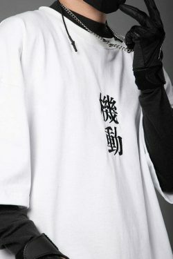 Embroidered Kanji Y2K Fashion Tee - Coquette Aesthetic Grunge Style with Pastel Goth Vibes