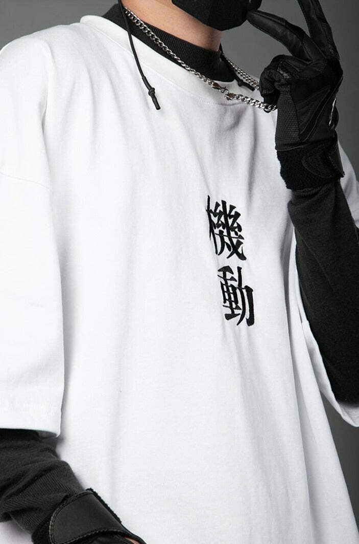 Embroidered Kanji Y2K Fashion Tee - Coquette Aesthetic Grunge Style with Pastel Goth Vibes Embroidered Kanji Y2K Fashion Tee - Coquette Aesthetic Grunge Style with Pastel Goth Vibes