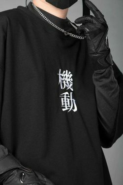 Embroidered Kanji Y2K Fashion Tee - Coquette Aesthetic Grunge Style with Pastel Goth Vibes