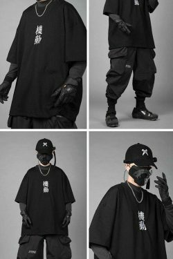 Embroidered Kanji Y2K Fashion Tee - Coquette Aesthetic Grunge Style with Pastel Goth Vibes