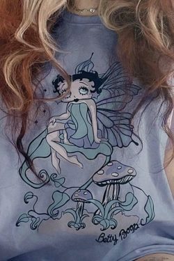 Fairy Cartoon Print Oversized Tee for Y2K Aesthetic Fashion Lovers