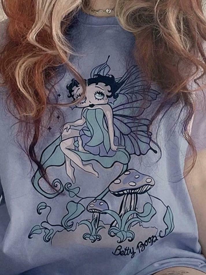 Fairy Cartoon Print Oversized Tee for Y2K Aesthetic Fashion Lovers Fairy Cartoon Print Oversized Tee for Y2K Aesthetic Fashion Lovers
