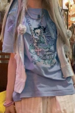 Fairy Cartoon Print Oversized Tee for Y2K Aesthetic Fashion Lovers