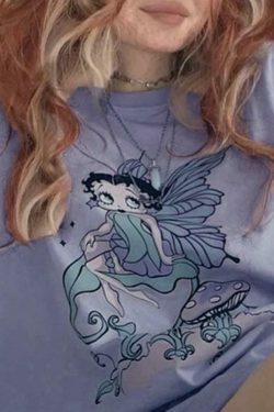 Fairy Cartoon Print Oversized Tee for Y2K Aesthetic Fashion Lovers