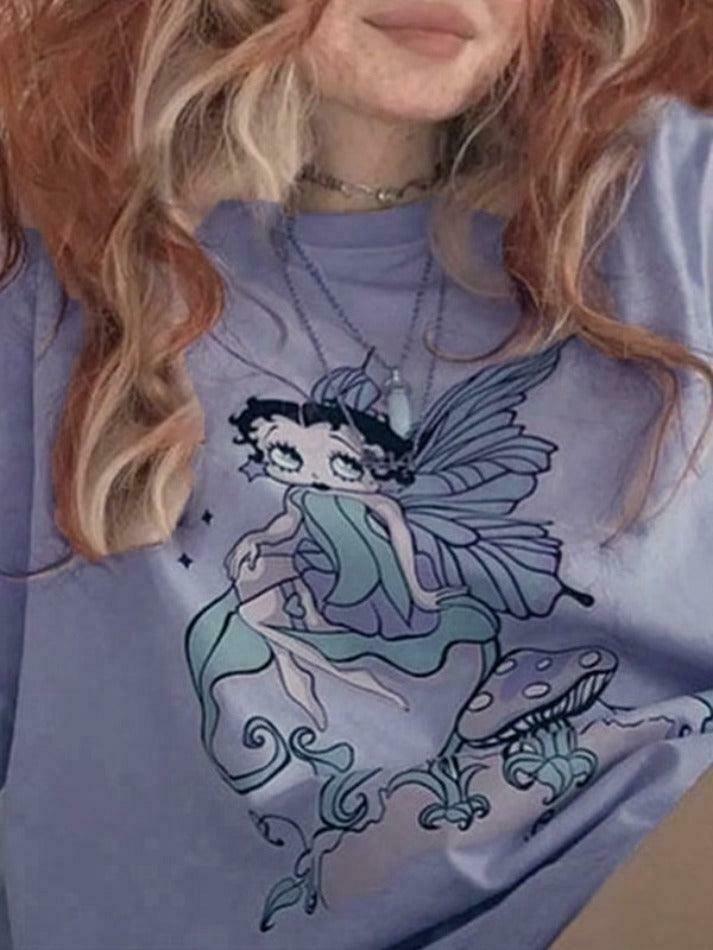 Fairy Cartoon Print Oversized Tee for Y2K Aesthetic Fashion Lovers Fairy Cartoon Print Oversized Tee for Y2K Aesthetic Fashion Lovers