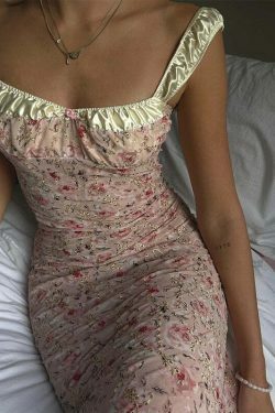 Flamingo Pink Floral Elegance Y2K Dress - Coquette Aesthetic for Women's Fashion