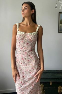 Flamingo Pink Floral Elegance Y2K Dress - Coquette Aesthetic for Women's Fashion