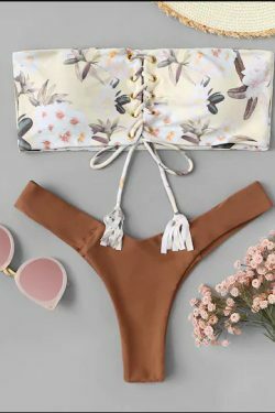 Floral Bandeau Lace-up Bikini Set - Y2K Fashion Swimwear with Coquette & Grunge Aesthetic