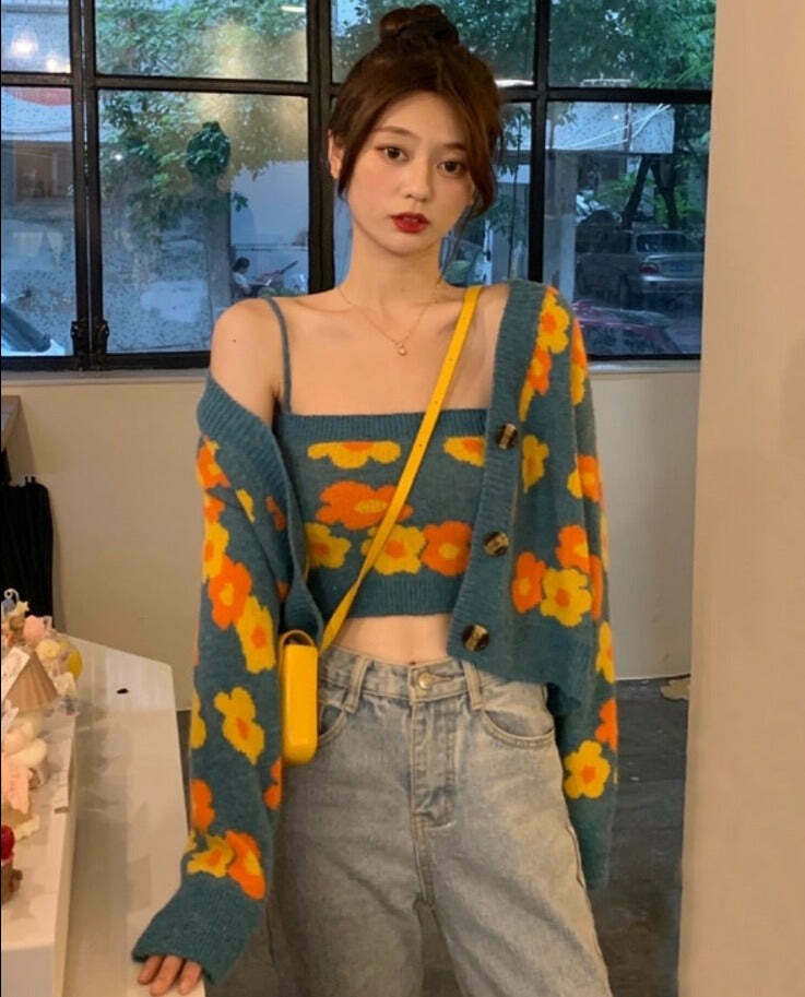 Floral Camisole Top & Cardigan Set - Y2K Fashion Aesthetic for Women - Coquette & Grunge Style