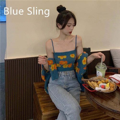 Floral Camisole Top & Cardigan Set - Y2K Fashion Aesthetic for Women - Coquette & Grunge Style