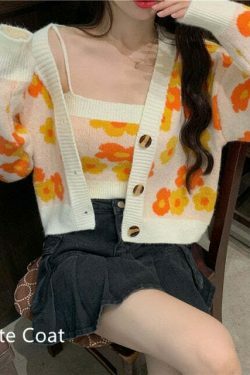 Floral Camisole Top & Cardigan Set - Y2K Fashion Aesthetic for Women - Coquette & Grunge Style