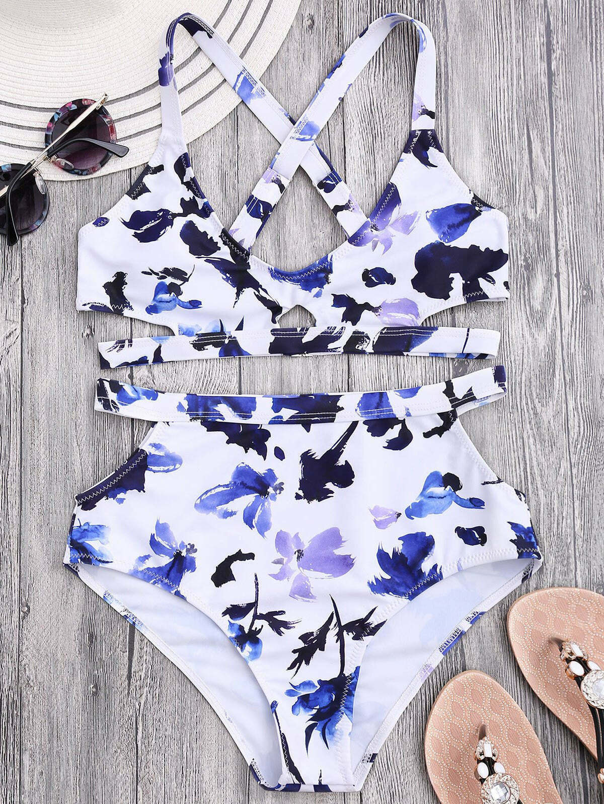 Floral Cut Out Bandage High Waist Bikini - Y2K Fashion Swimwear for Women Floral Cut Out Bandage High Waist Bikini - Y2K Fashion Swimwear for Women