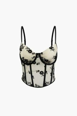Floral Embroidered V-neck Corset Top - Y2K Fashion Aesthetic with Coquette Style and Grunge Vibes