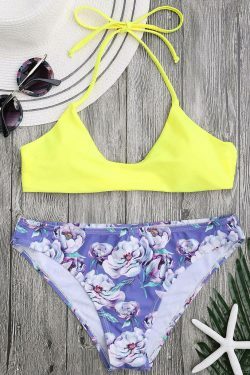 Floral Halter Bra & Swim Bottoms Set - Y2K Fashion Coquette Aesthetic