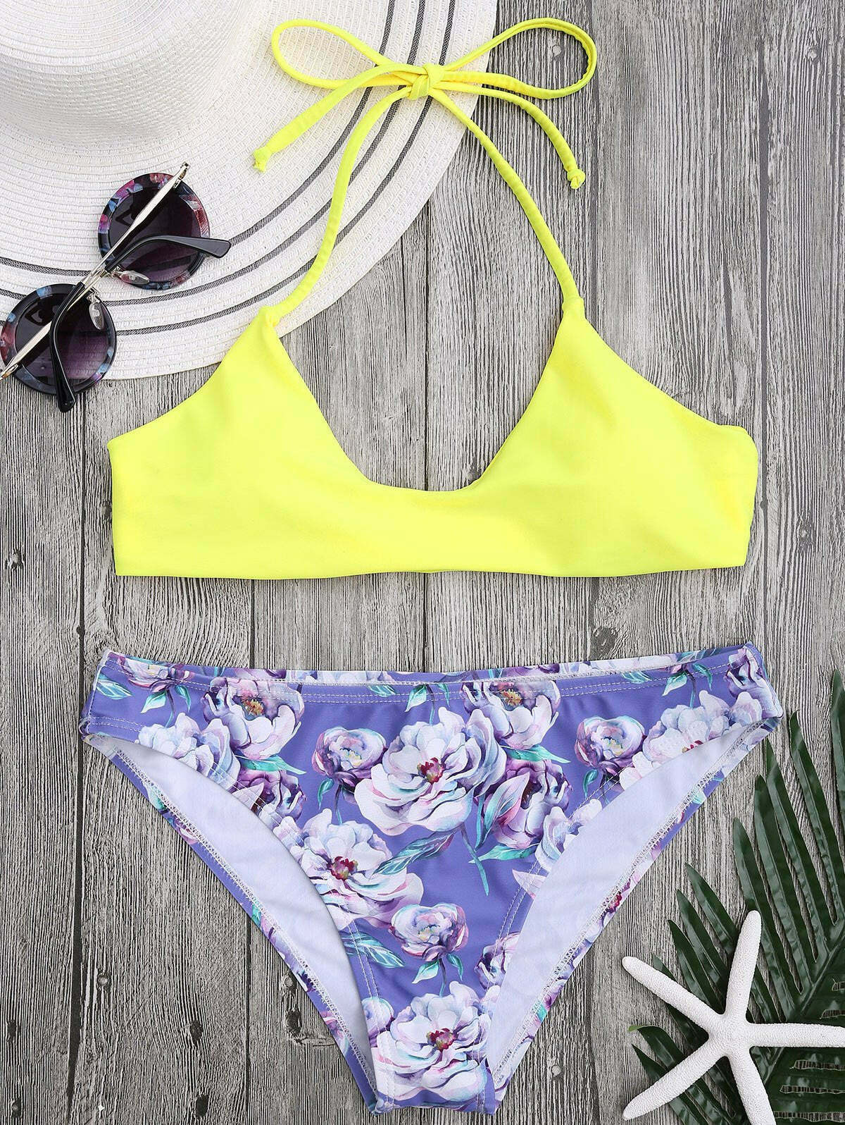 Floral Halter Bra & Swim Bottoms Set - Y2K Fashion Coquette Aesthetic