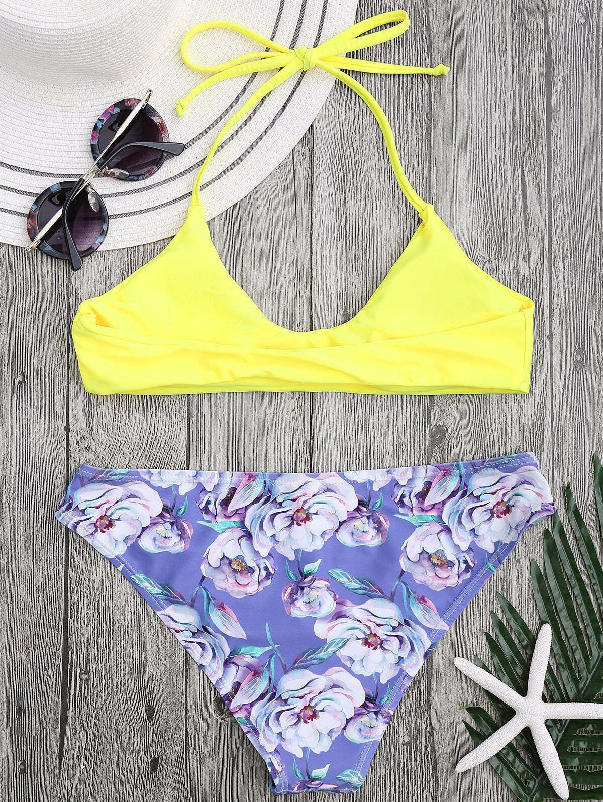 Floral Halter Bra & Swim Bottoms Set - Y2K Fashion Coquette Aesthetic