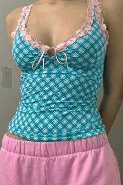Floral Lace Trim Checkered Crop Tank - Y2K Fashion Aesthetic for Women - Coquette & Grunge Style