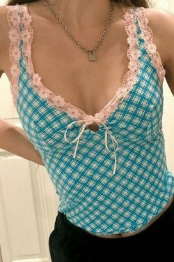 Floral Lace Trim Checkered Crop Tank - Y2K Fashion Aesthetic for Women - Coquette & Grunge Style