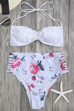 Floral Ladder Cut Ruched High Cut Bikini - Y2K Fashion Swimwear for Women