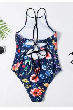 Floral Leaf Criss Cross Swimsuit - Y2K Fashion Aesthetic for Women