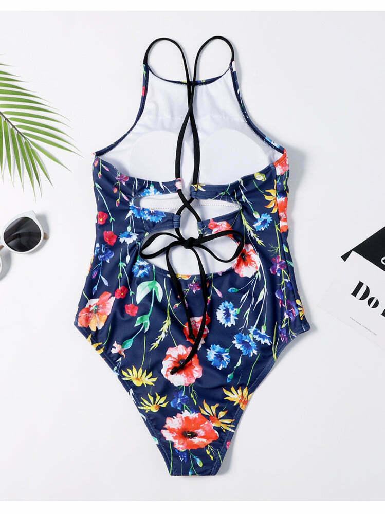 Floral Leaf Criss Cross Swimsuit - Y2K Fashion Aesthetic for Women Floral Leaf Criss Cross Swimsuit - Y2K Fashion Aesthetic for Women