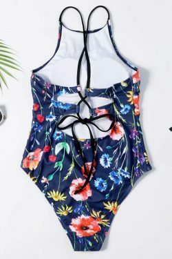 Floral Leaf Criss Cross Swimsuit - Y2K Fashion Aesthetic for Women