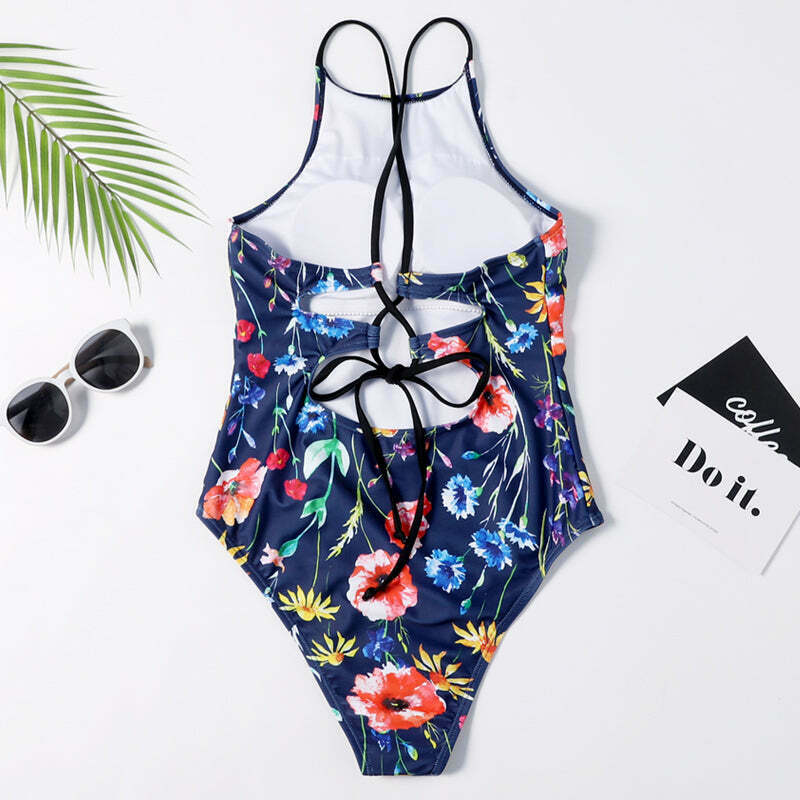Floral Leaf Criss Cross Swimsuit - Y2K Fashion Aesthetic for Women Floral Leaf Criss Cross Swimsuit - Y2K Fashion Aesthetic for Women
