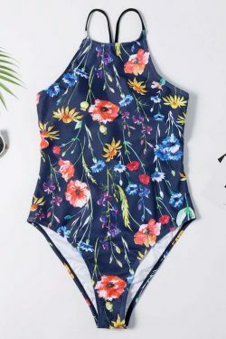 Floral Leaf Criss Cross Swimsuit - Y2K Fashion Aesthetic for Women