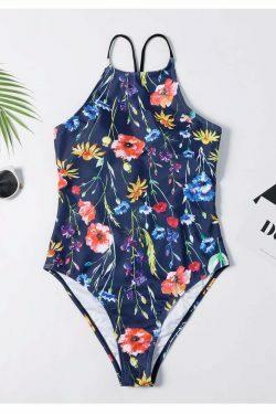 Floral Leaf Criss Cross Swimsuit - Y2K Fashion Aesthetic for Women