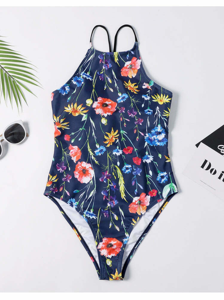 Floral Leaf Criss Cross Swimsuit - Y2K Fashion Aesthetic for Women Floral Leaf Criss Cross Swimsuit - Y2K Fashion Aesthetic for Women