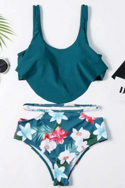 Floral Leaf Print Off-The-Shoulder Bikini Set for Y2K Fashion Enthusiasts