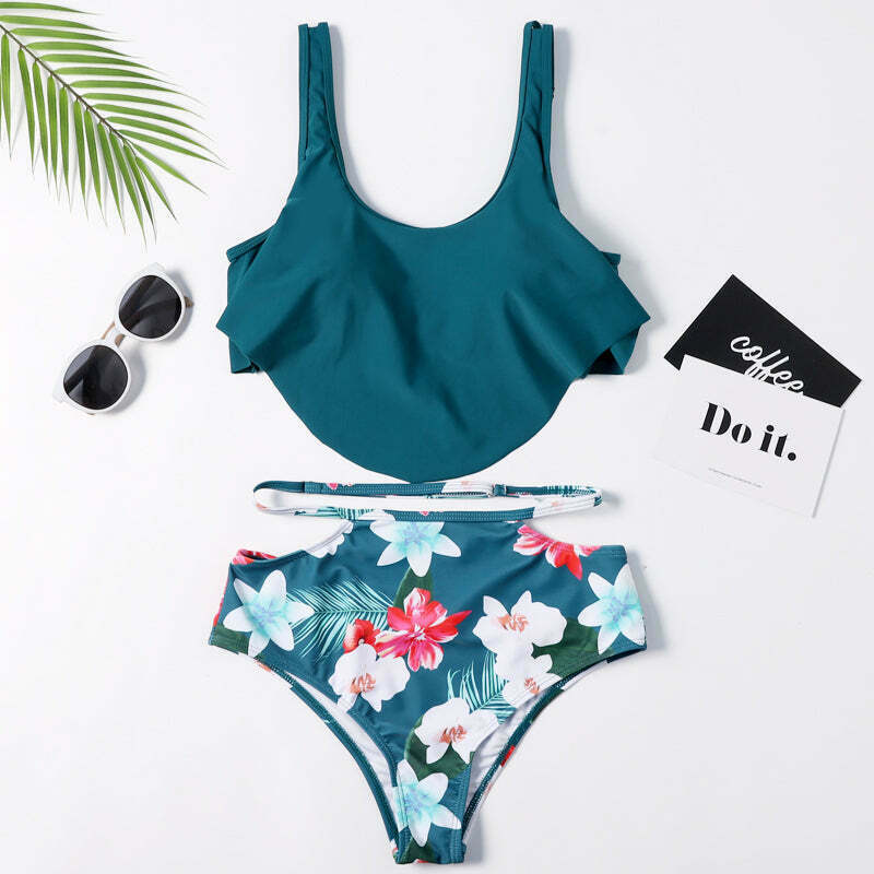 Floral Leaf Print Off-The-Shoulder Bikini Set for Y2K Fashion Enthusiasts Floral Leaf Print Off-The-Shoulder Bikini Set for Y2K Fashion Enthusiasts