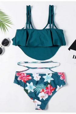 Floral Leaf Print Off-The-Shoulder Bikini Set for Y2K Fashion Enthusiasts