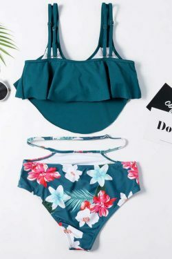 Floral Leaf Print Off-The-Shoulder Bikini Set for Y2K Fashion Enthusiasts