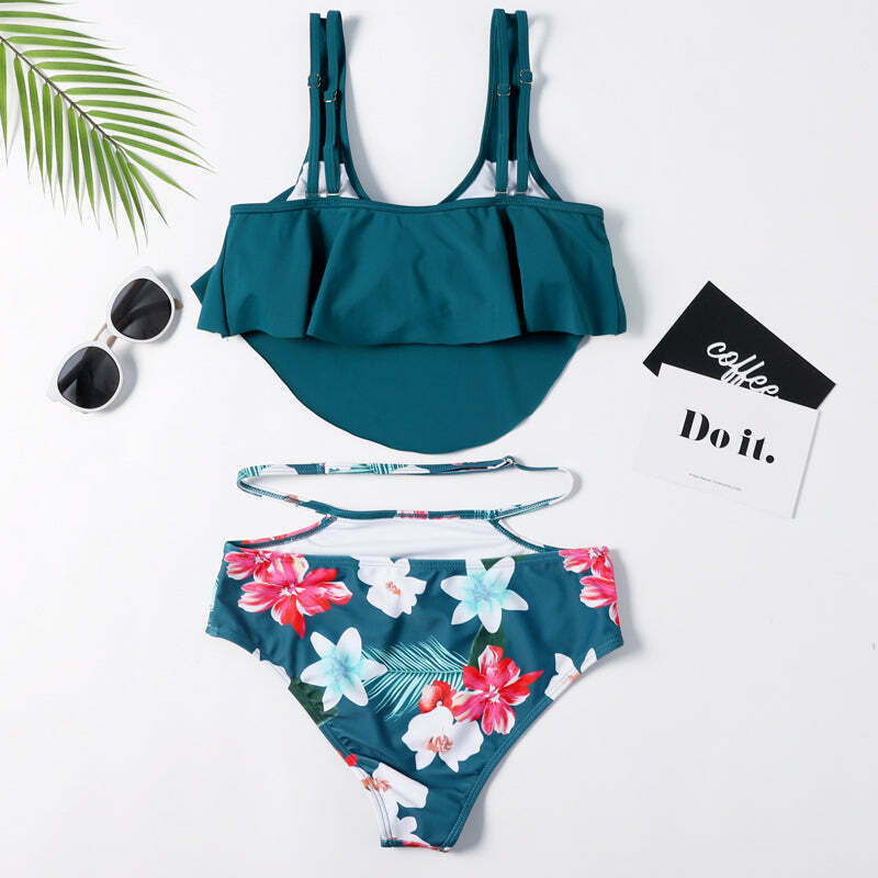 Floral Leaf Print Off-The-Shoulder Bikini Set for Y2K Fashion Enthusiasts Floral Leaf Print Off-The-Shoulder Bikini Set for Y2K Fashion Enthusiasts