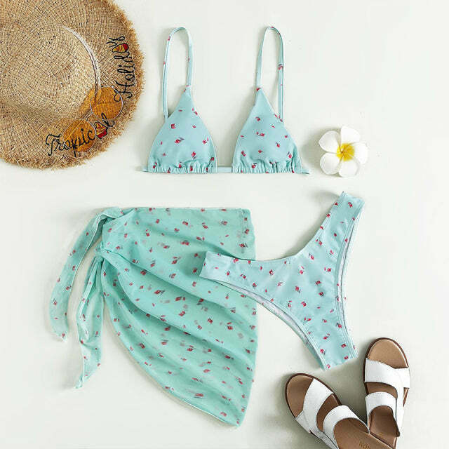 Floral Print 3-Piece Bikini Set: Y2K Fashion, Coquette & Grunge Aesthetic, Cute Tops, Pastel Goth